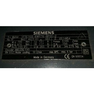 Siemens Servomotor Typ 1FT6168-8WY76-8FG0-Z 7750029a15 Binder