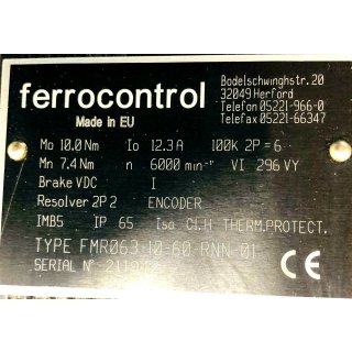 SERVOMOTOR FMR063-10-60-RNN-01  6000MIN-1 296V 12.3A FERROCONTROL