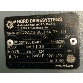Getriebebau Nord SK92372AZD-80LH/4 TF TI4+SK80LH/4 TF TI4 0,75KW 124RPM 30mm HW