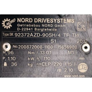 Getriebebau Nord Getriebemotor SK 90SH/4 TF + 92372AZD-90SH/4 TF TI4 + SK 205E-111-340-A 110RP/MIN