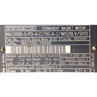 Indramat Permanent Magnet Motor MAC090B-0-PD-4-C/110-A-2/WI520LV/S013 + ROD 1424.003-1250