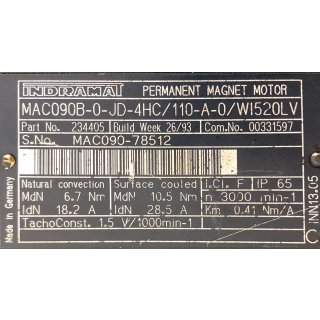 Indramat Permanent Magnet Motor MAC090B-0-JD-4HC/110-A-0/WI520LV + ROD 1424.003-1250