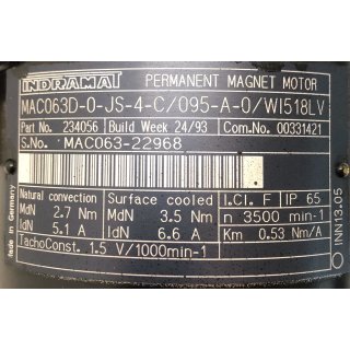 Indramat Permanent Magnet Motor MAC063D-0-JS-4-C/095-A-0/WI518LV
