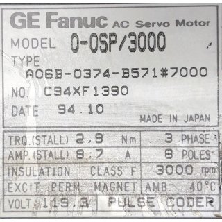Fanuc AC Servomotor A06B-0374-B571 #7000 0-0SP/3000