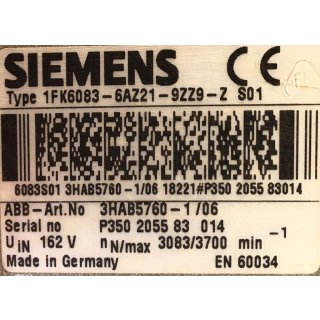 Siemens ABB Servomotor 1FK6083-6AZ21-9ZZ9-Z S01 3HAB5760-1/06