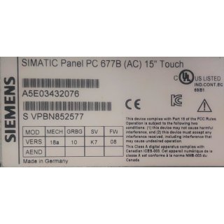 Siemens Simatic Panel PC677B A5E03432076 2GB RAM ohne HDD